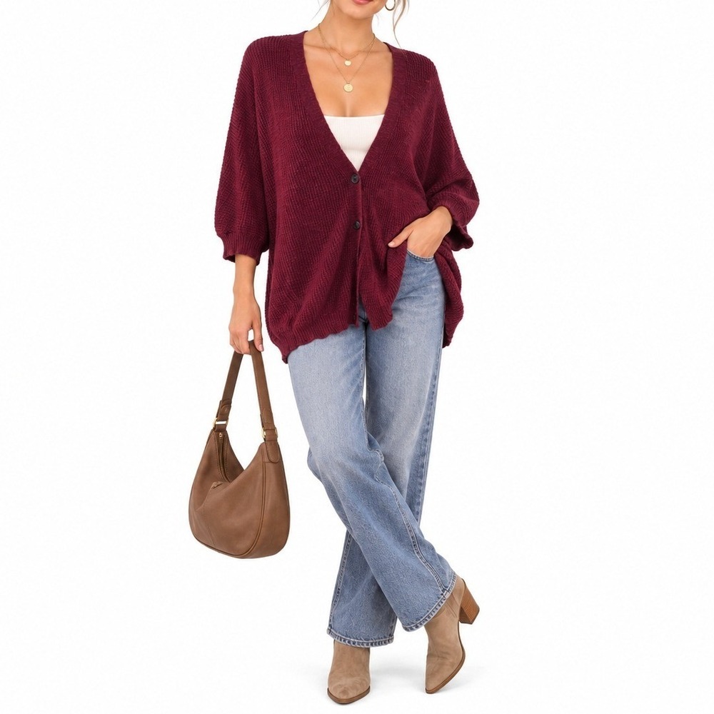 American Eagle Cardigan Womens XS/S Burgundy Waffle Knit Dolman Sweater Layering
